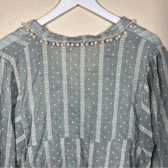 Zara Womens Green Blue Embroidered Blouse Pom Pom Collar Boho Size Large - Picture 9 of 9